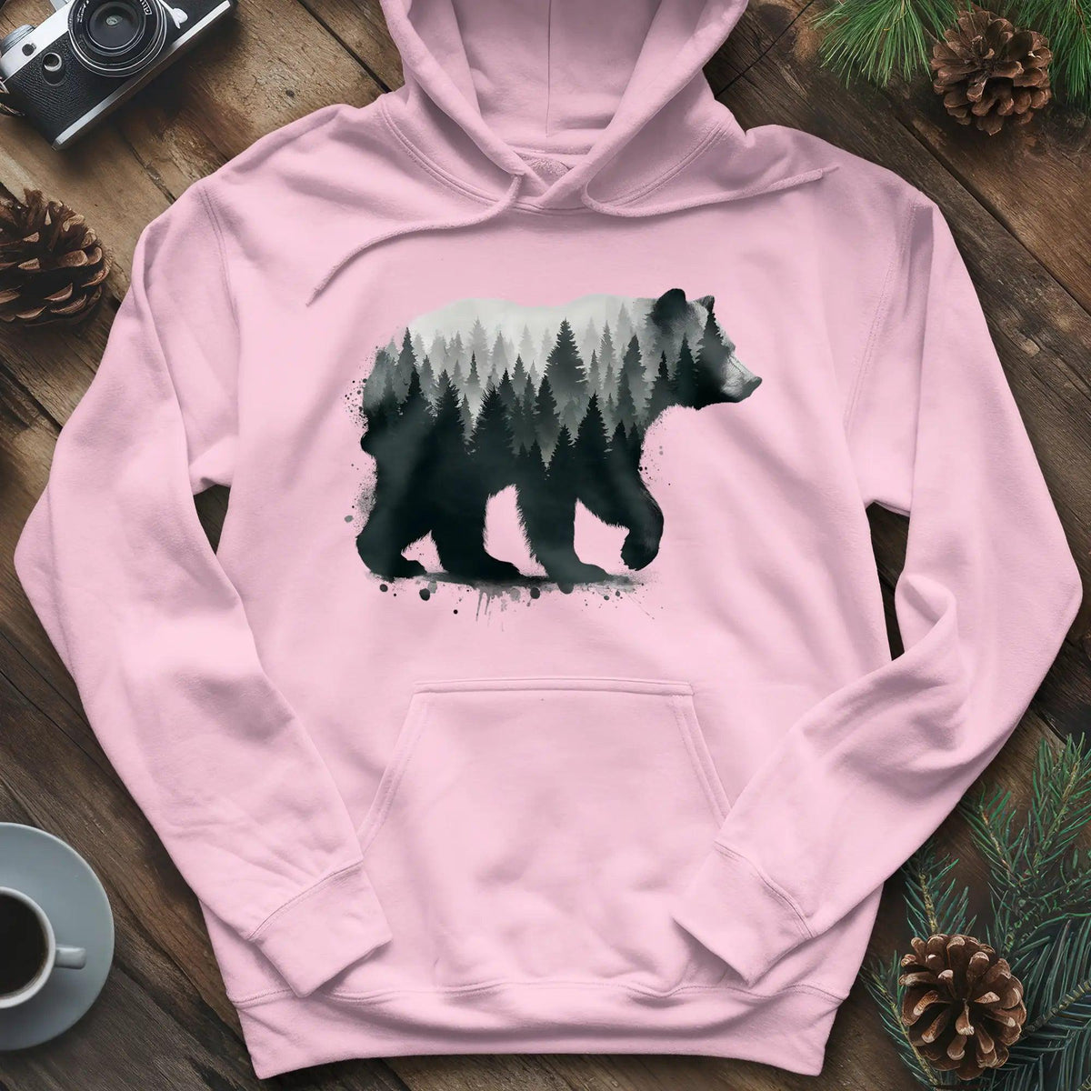 Double Exposure Bear Hoodie – Nature-Inspired Adventure Hoodie – Light Pink – Outdoor apparel for travel, hiking, camping, and nature lovers – ExpediCamp