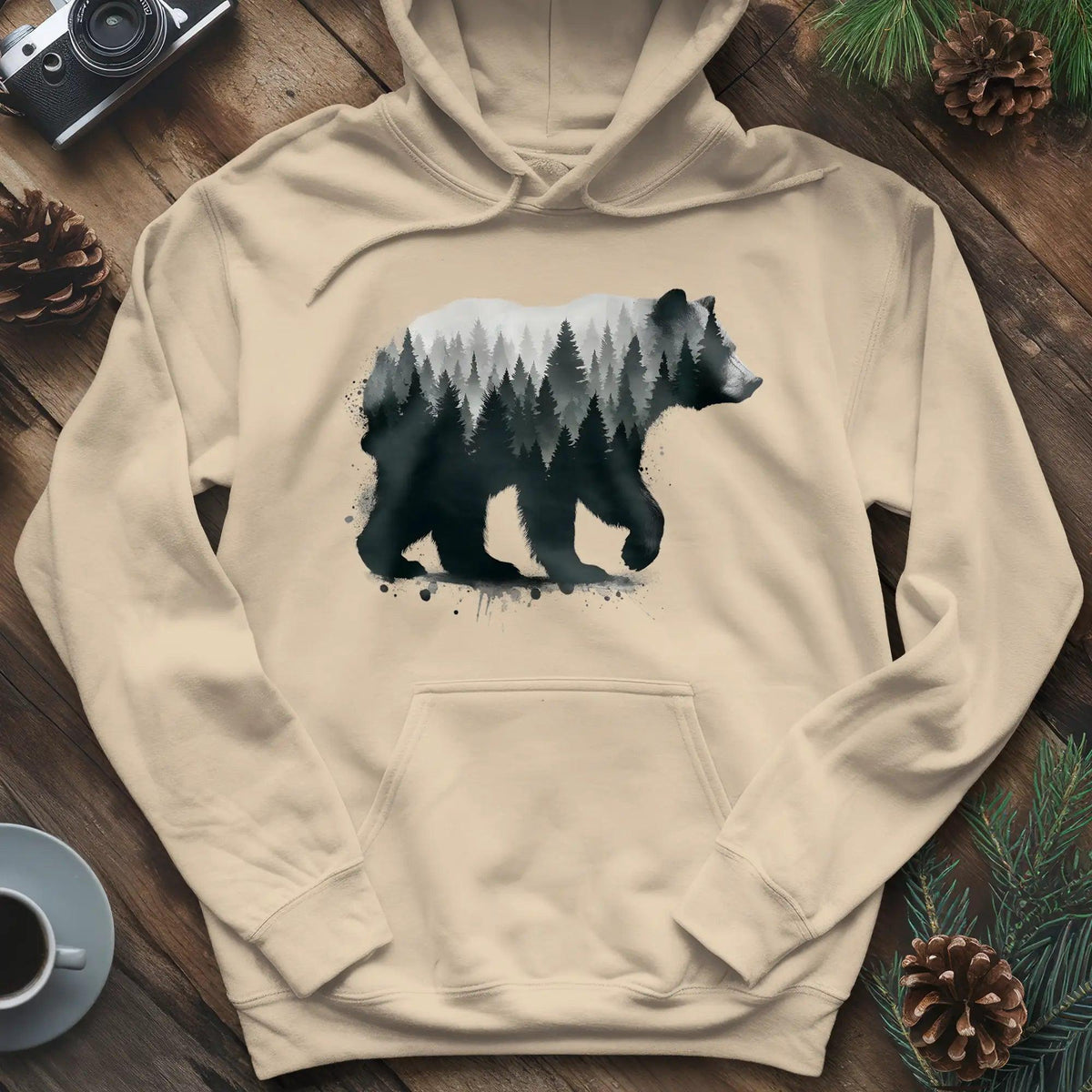 Double Exposure Bear Hoodie – Nature-Inspired Adventure Hoodie – Sand – Outdoor apparel for travel, hiking, camping, and nature lovers – ExpediCamp