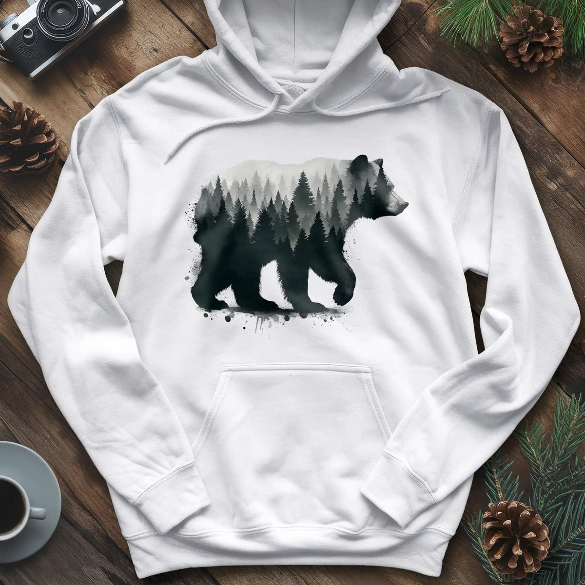 Double Exposure Bear Hoodie – Nature-Inspired Adventure Hoodie – White – Outdoor apparel for travel, hiking, camping, and nature lovers – ExpediCamp
