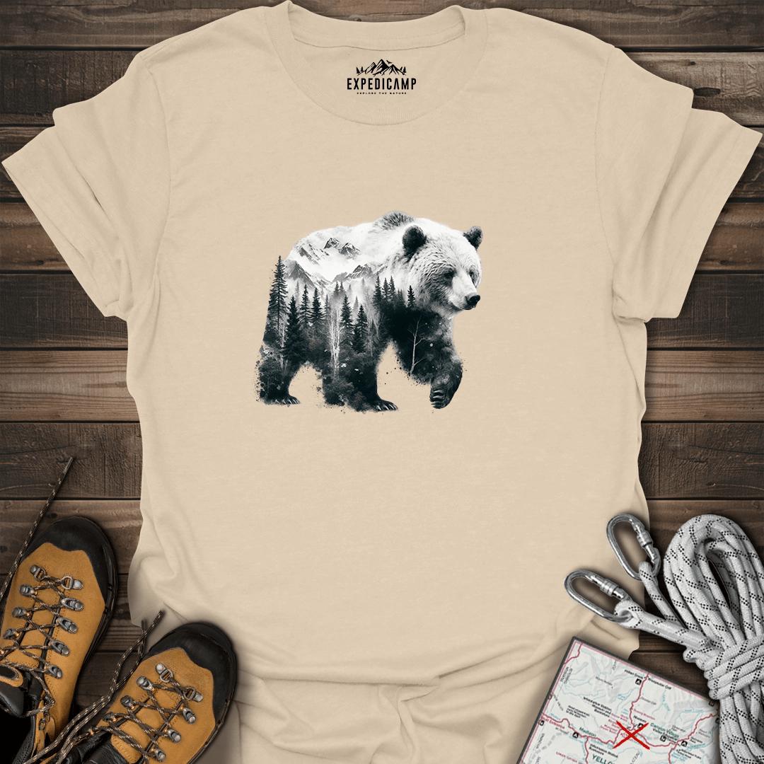 Double Exposure Bear T-Shirt – Sand – Outdoor apparel for travel, hiking, camping, and nature lovers – ExpediCamp