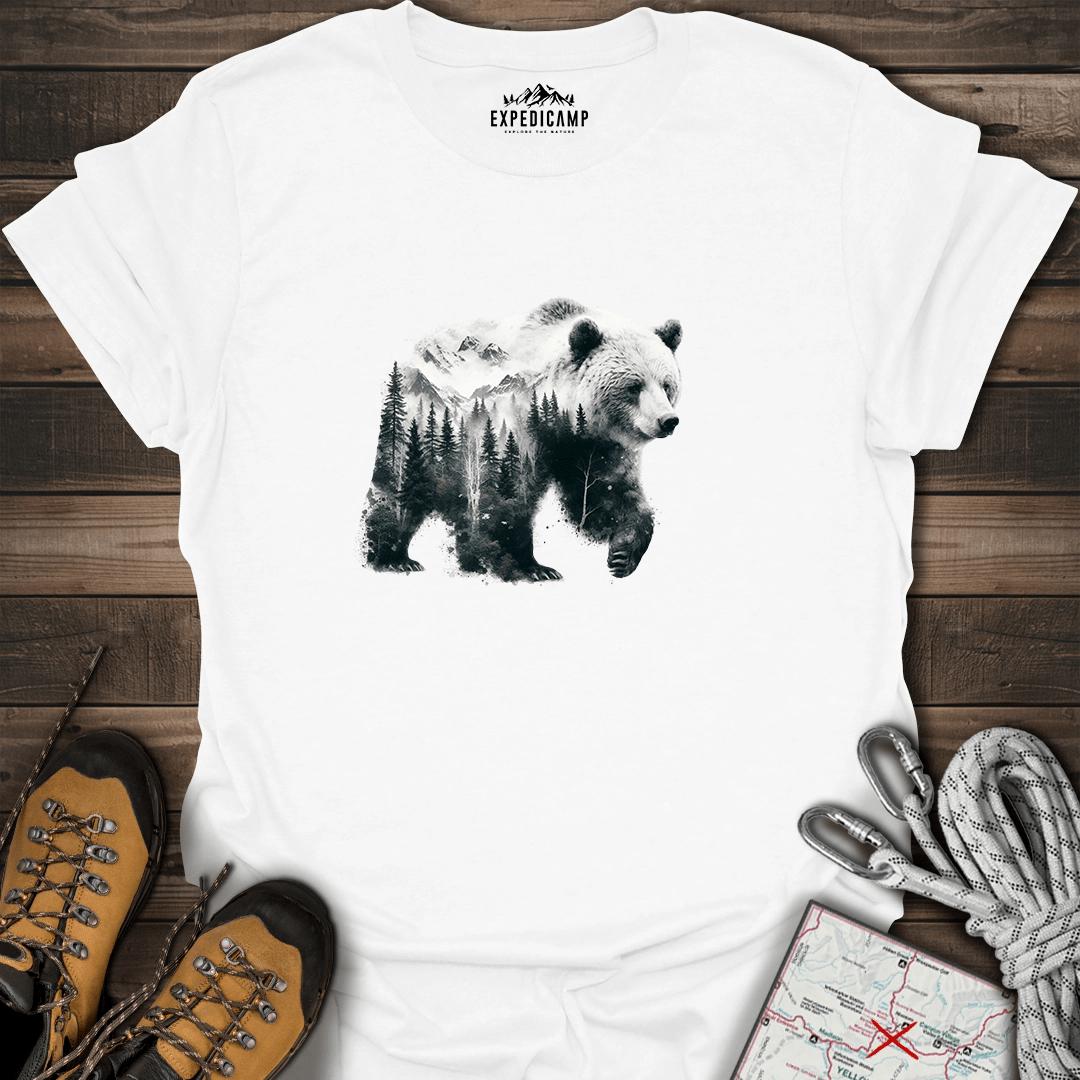 Double Exposure Bear T-Shirt – White – Outdoor apparel for travel, hiking, camping, and nature lovers – ExpediCamp