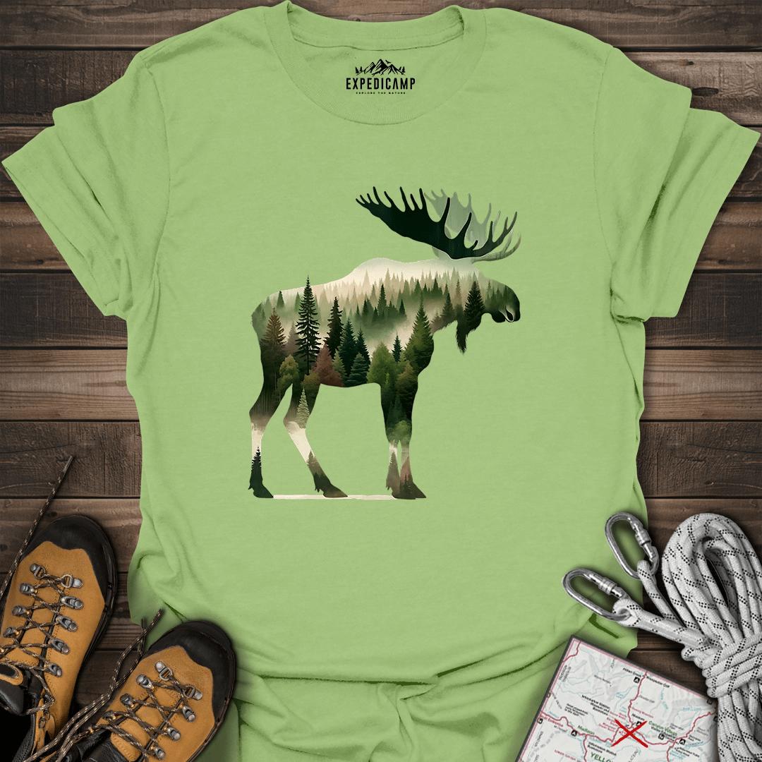 Double Exposure Moose Forest T-Shirt – Kiwi – Outdoor apparel for travel, hiking, camping, and nature lovers – ExpediCamp