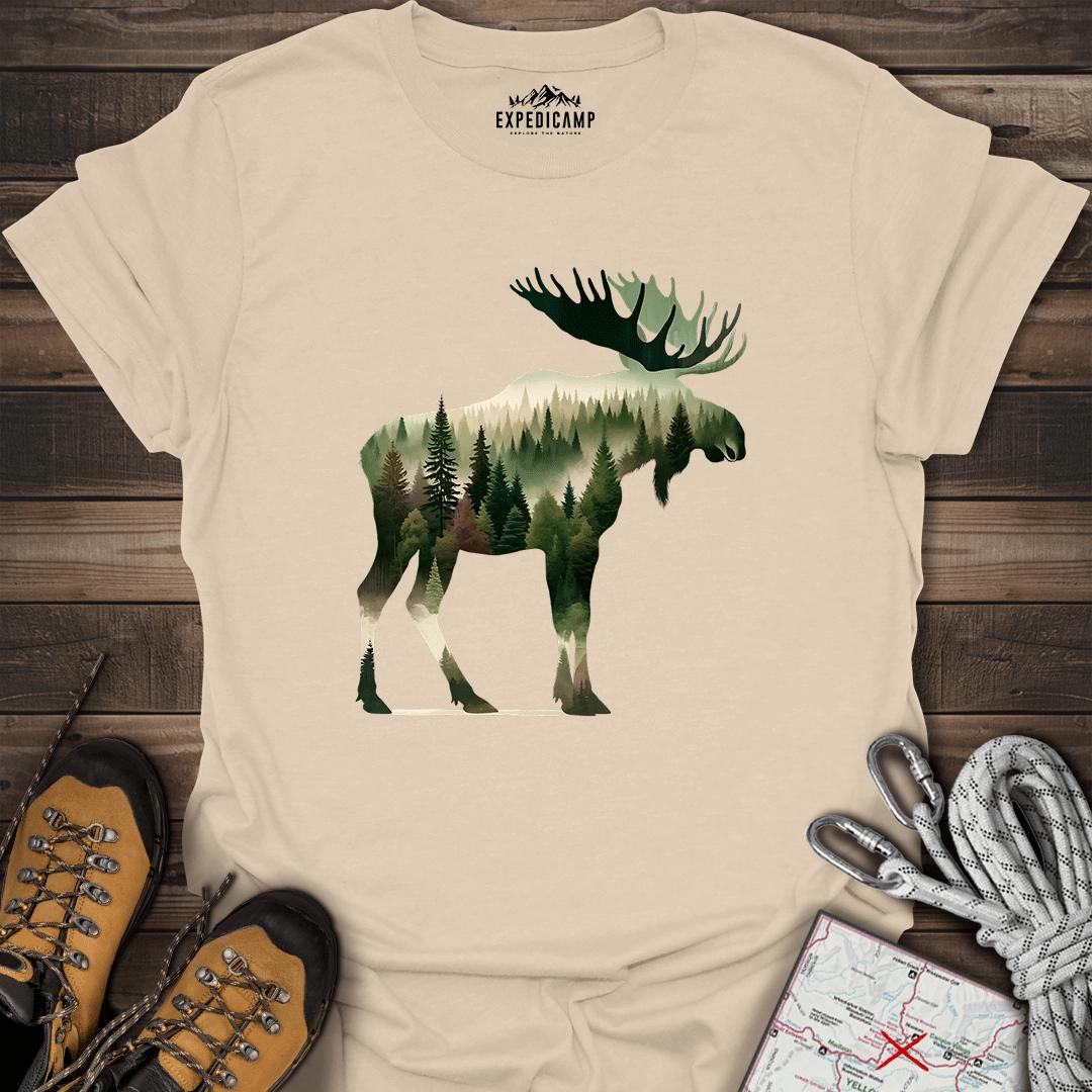 Double Exposure Moose Forest T-Shirt – Sand – Outdoor apparel for travel, hiking, camping, and nature lovers – ExpediCamp
