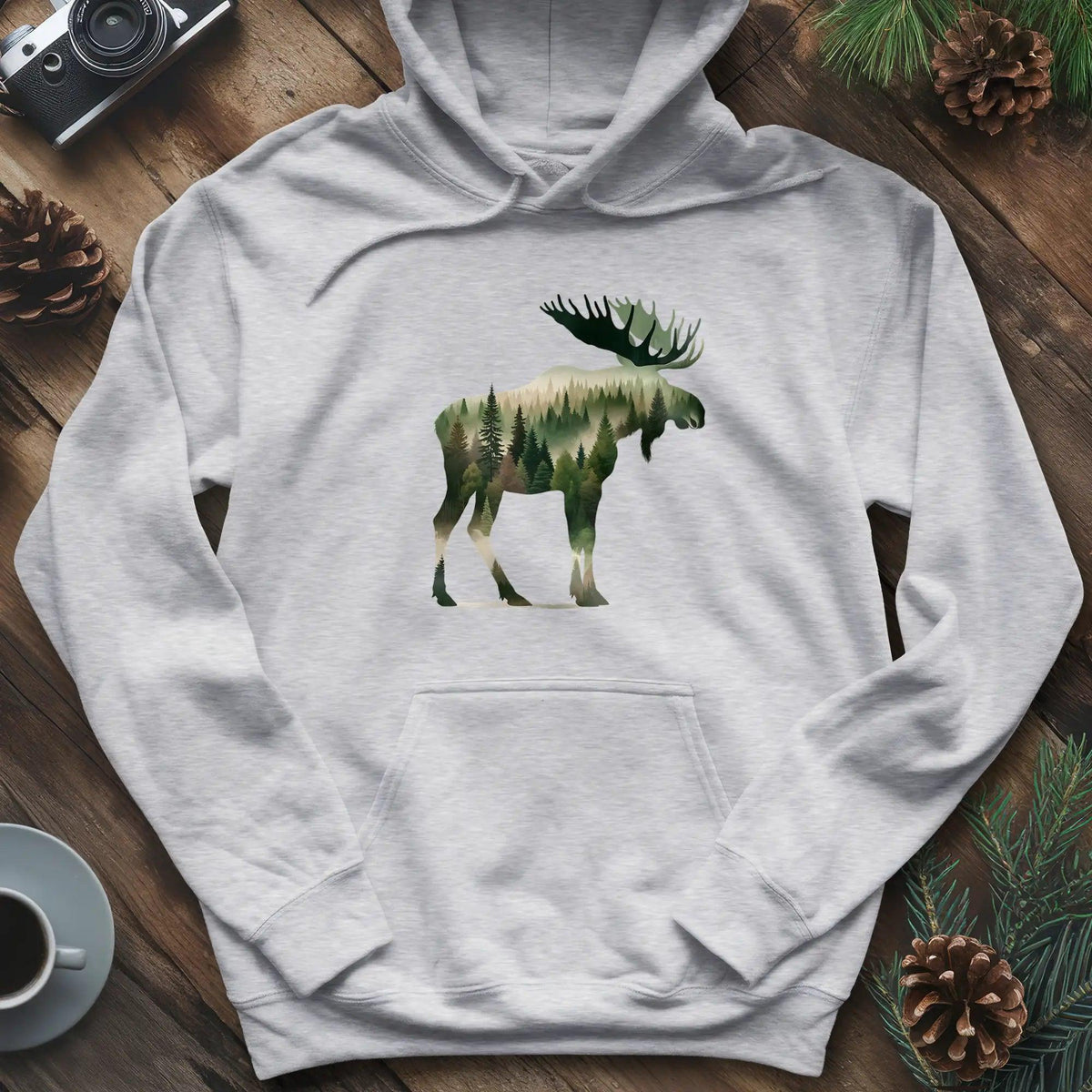 Double Exposure Moose Hoodie – Wilderness Lover's Cozy Hoodie – Ash – Outdoor apparel for travel, hiking, camping, and nature lovers – ExpediCamp