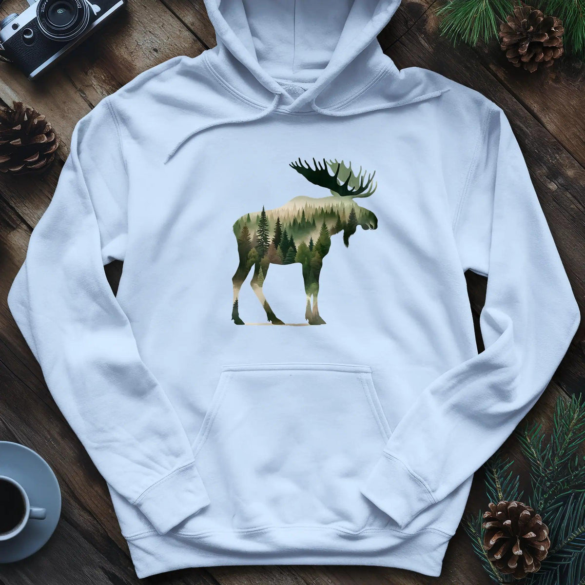 Double Exposure Moose Hoodie – Wilderness Lover's Cozy Hoodie – Light Blue – Outdoor apparel for travel, hiking, camping, and nature lovers – ExpediCamp