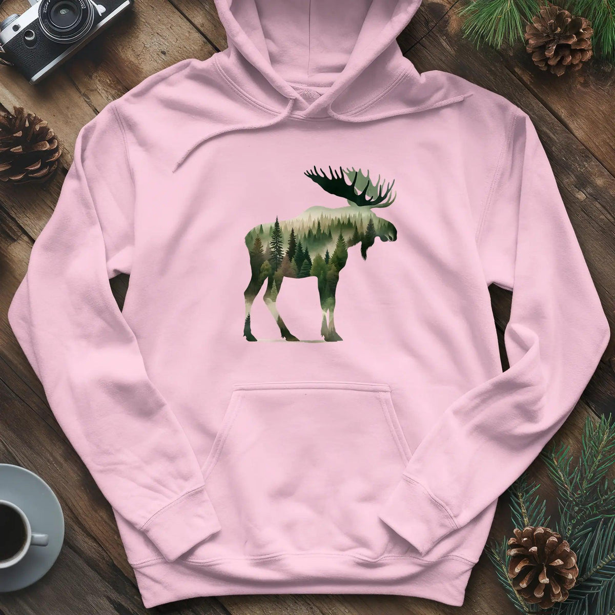 Double Exposure Moose Hoodie – Wilderness Lover's Cozy Hoodie – Light Pink – Outdoor apparel for travel, hiking, camping, and nature lovers – ExpediCamp