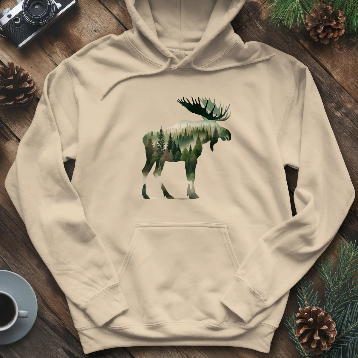 Double Exposure Moose Hoodie – Wilderness Lover's Cozy Hoodie – Sand – Outdoor apparel for travel, hiking, camping, and nature lovers – ExpediCamp