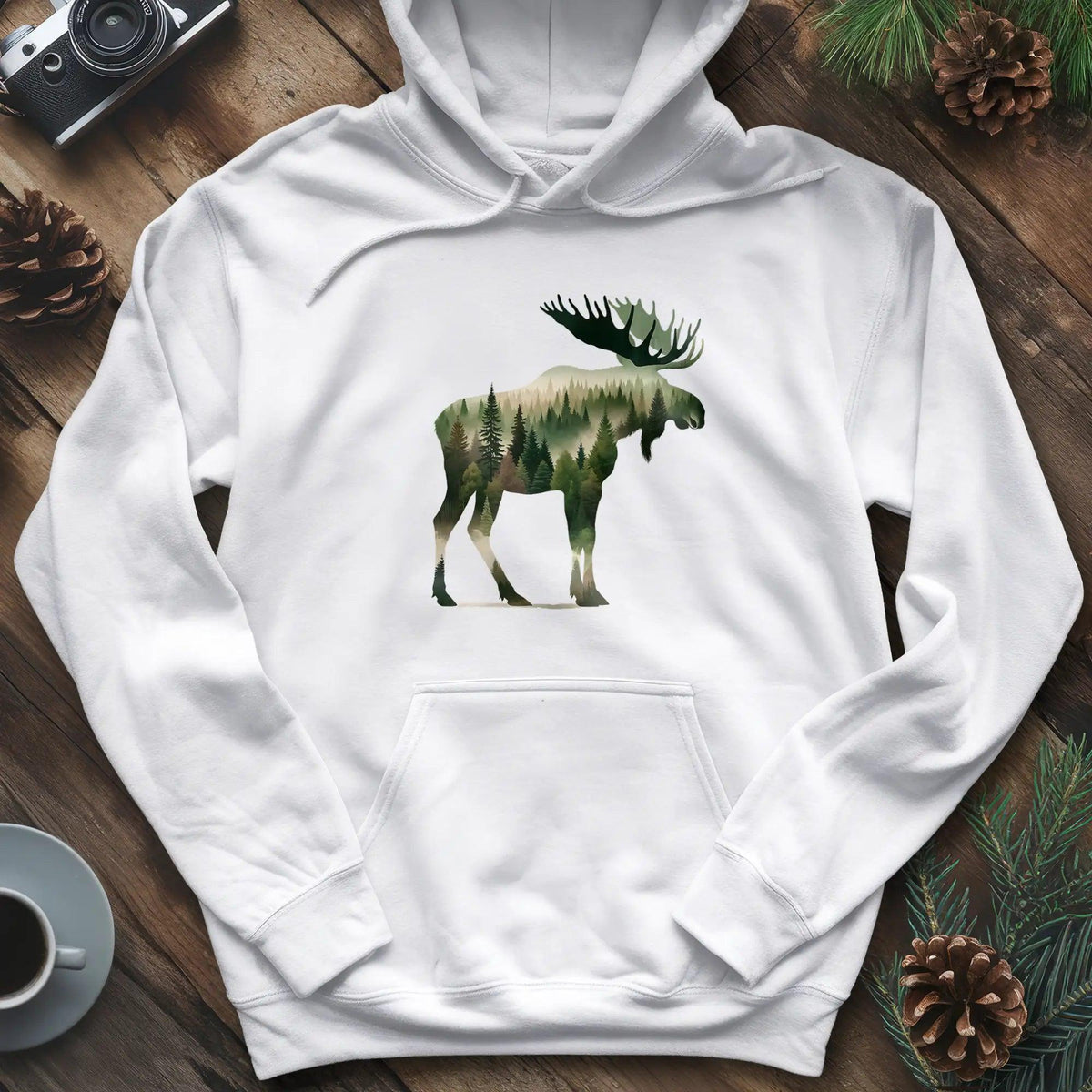 Double Exposure Moose Hoodie – Wilderness Lover's Cozy Hoodie – White – Outdoor apparel for travel, hiking, camping, and nature lovers – ExpediCamp