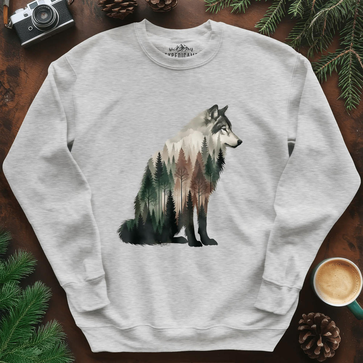 Double Exposure Wolf Sweatshirt – Ash – Outdoor apparel for travel, hiking, camping, and nature lovers – ExpediCamp