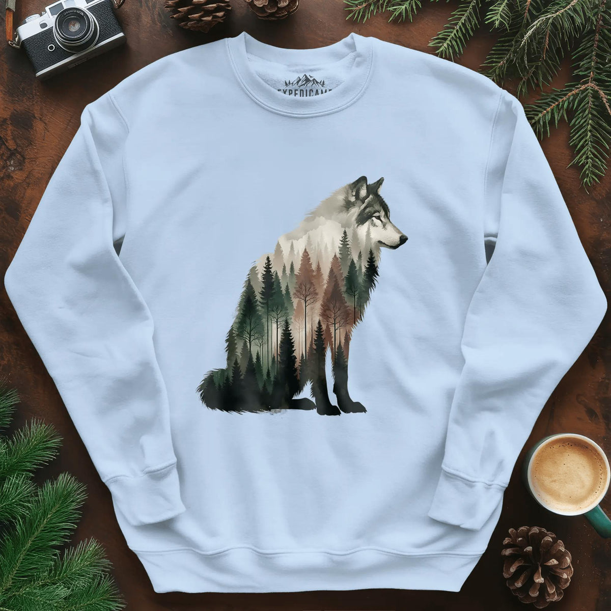 Double Exposure Wolf Sweatshirt – Light Blue – Outdoor apparel for travel, hiking, camping, and nature lovers – ExpediCamp