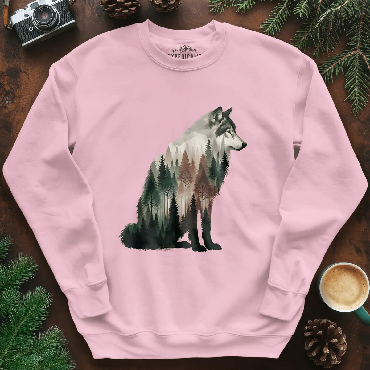 Double Exposure Wolf Sweatshirt – Light Pink – Outdoor apparel for travel, hiking, camping, and nature lovers – ExpediCamp