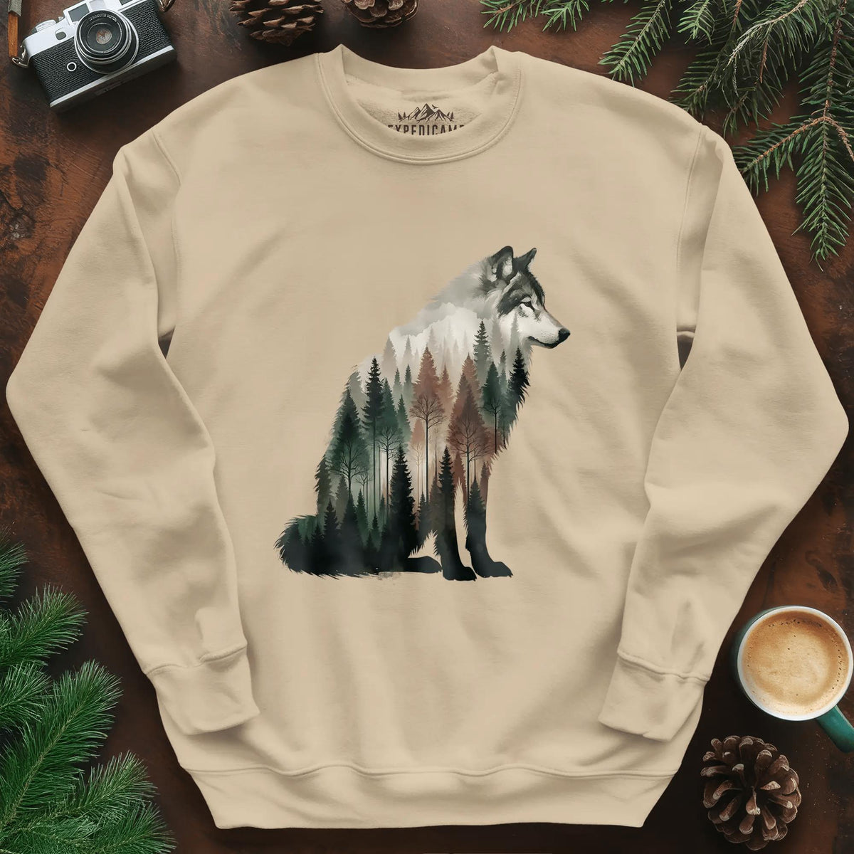 Double Exposure Wolf Sweatshirt – Sand – Outdoor apparel for travel, hiking, camping, and nature lovers – ExpediCamp