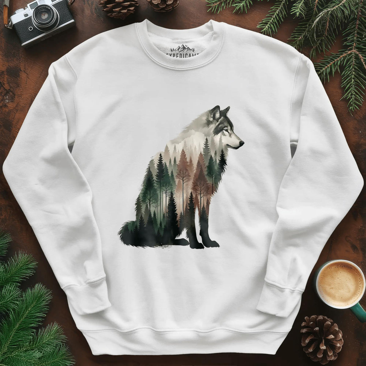 Double Exposure Wolf Sweatshirt – White – Outdoor apparel for travel, hiking, camping, and nature lovers – ExpediCamp