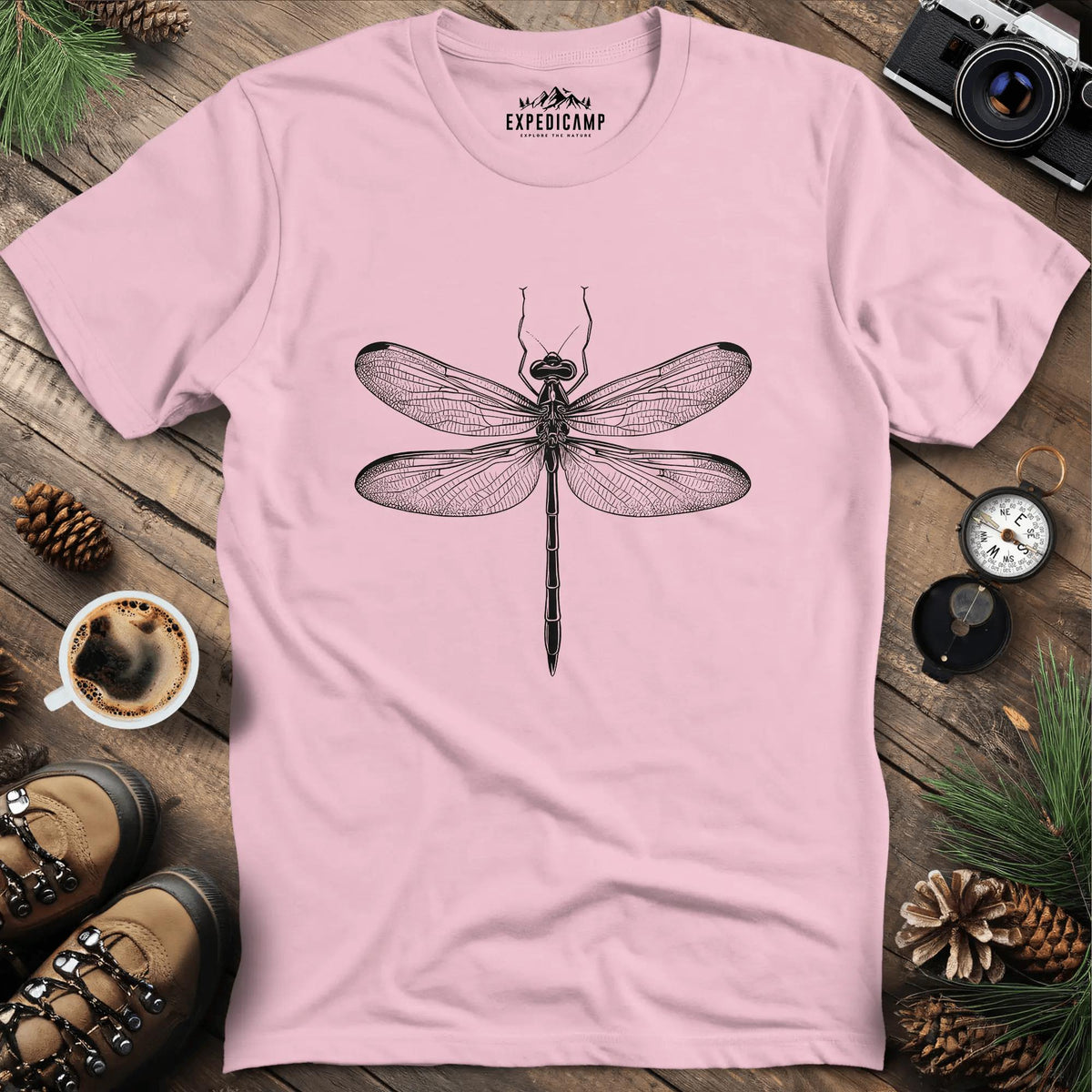 Dragonfly T-Shirt – Light Pink – Outdoor apparel for travel, hiking, camping, and nature lovers – ExpediCamp