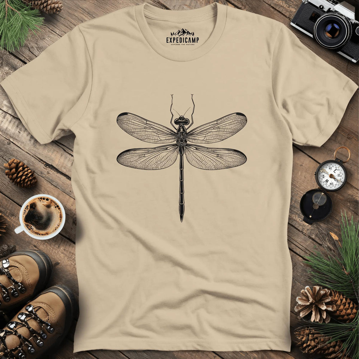 Dragonfly T-Shirt – Sand – Outdoor apparel for travel, hiking, camping, and nature lovers – ExpediCamp