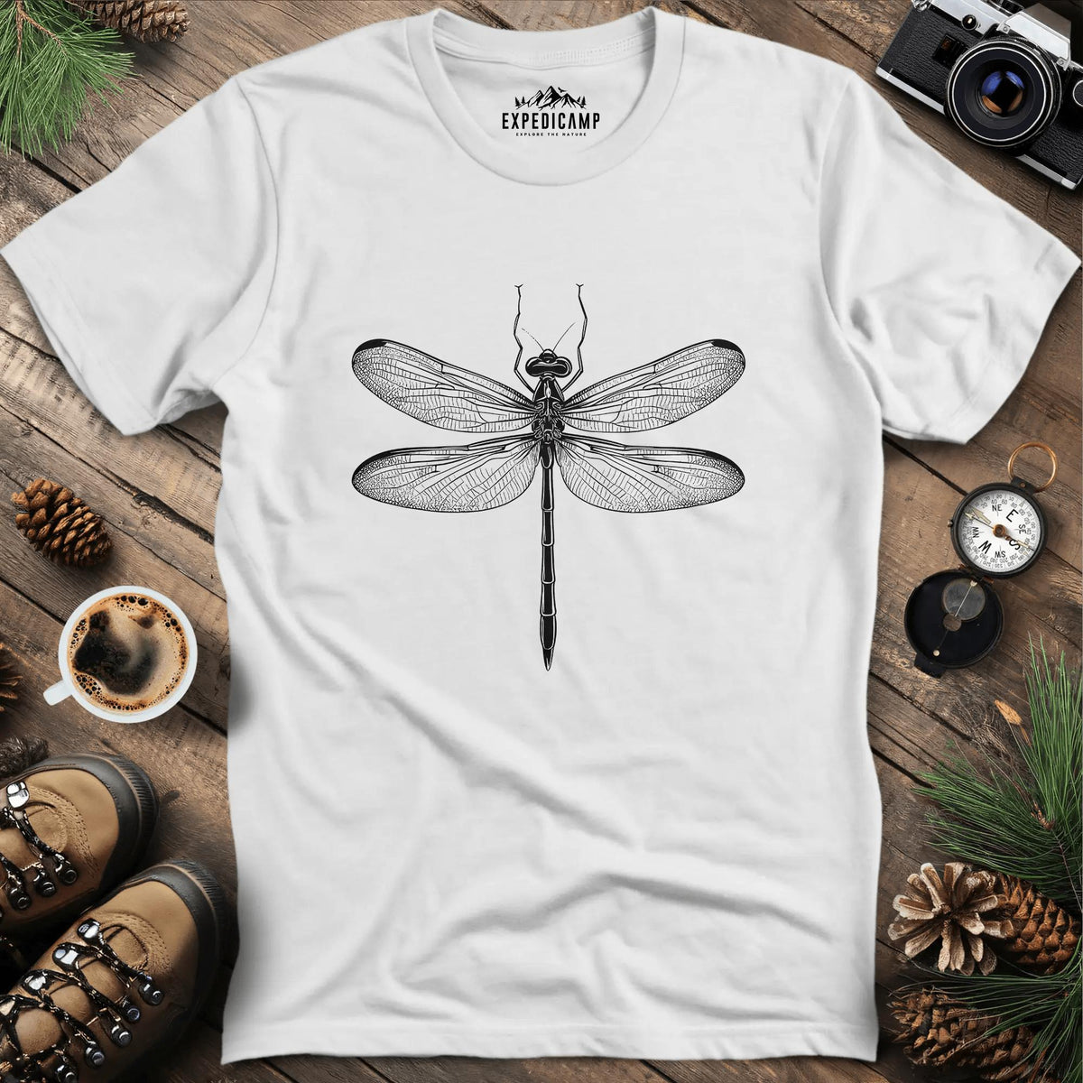 Dragonfly T-Shirt – White – Outdoor apparel for travel, hiking, camping, and nature lovers – ExpediCamp