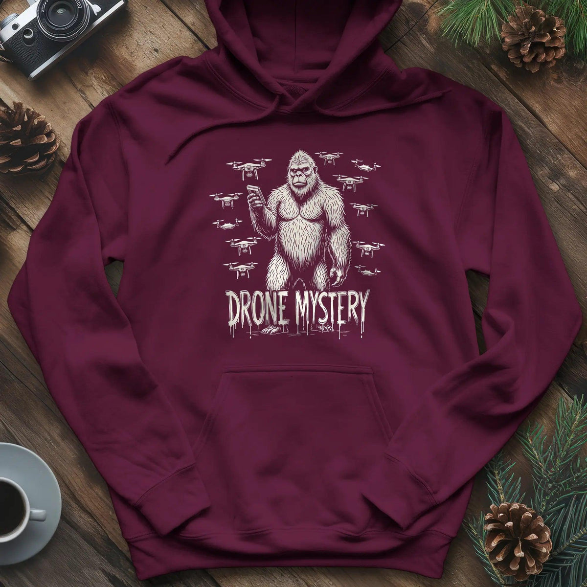 Drone Mystery New Jersey Bigfoot USA Hoodie – Maroon – Outdoor apparel for travel, hiking, camping, and nature lovers – ExpediCamp