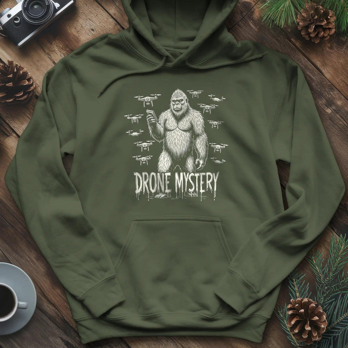 Drone Mystery New Jersey Bigfoot USA Hoodie – Military Green – Outdoor apparel for travel, hiking, camping, and nature lovers – ExpediCamp