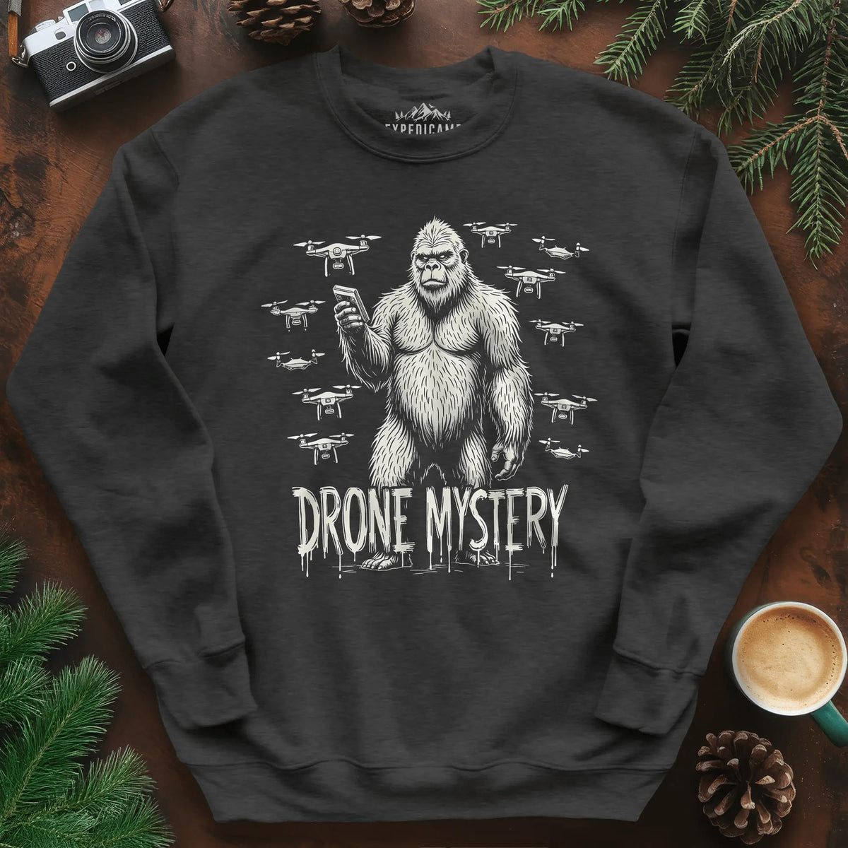Drone Mystery New Jersey Bigfoot USA Sweatshirt – Dark Heather – Outdoor apparel for travel, hiking, camping, and nature lovers – ExpediCamp
