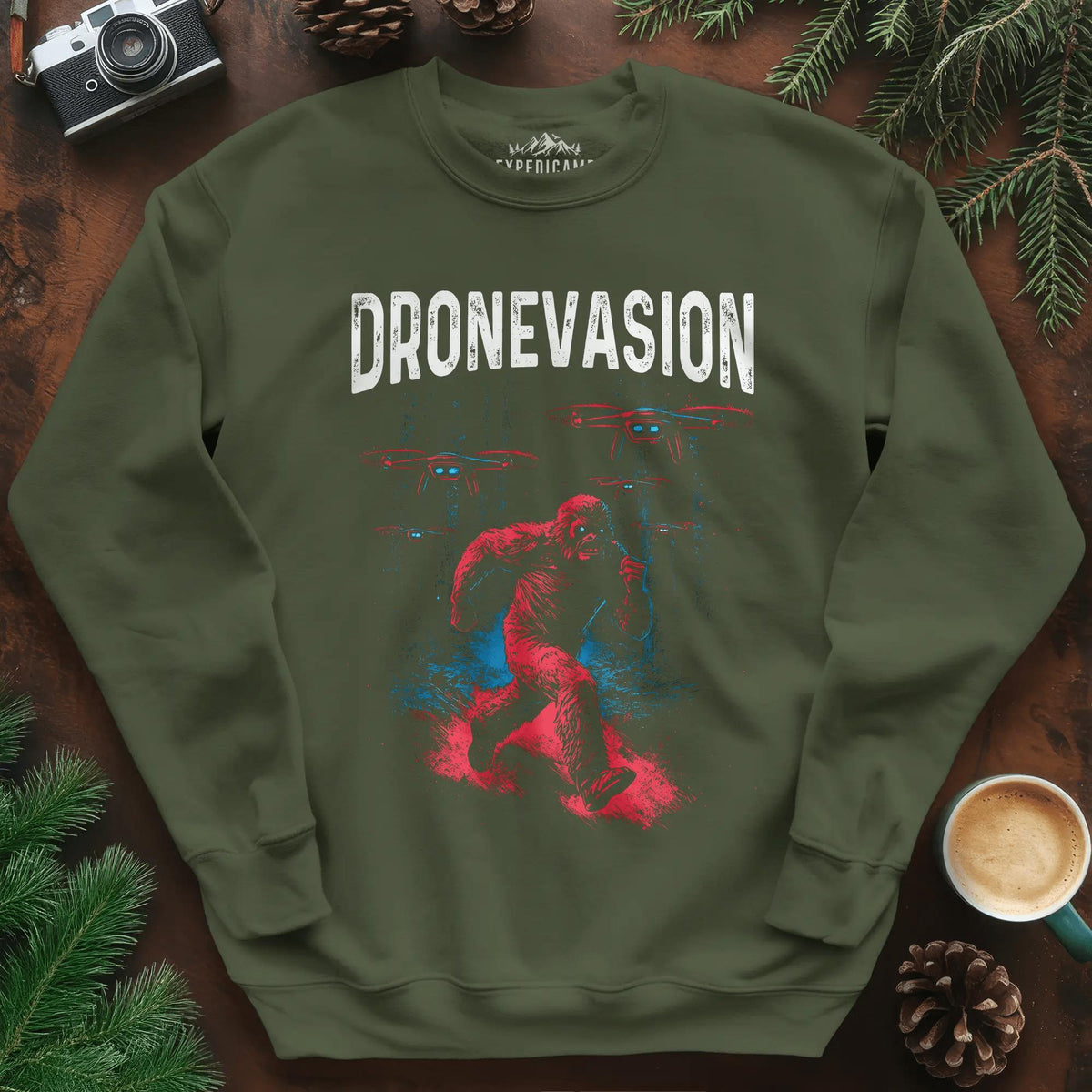 Dronevasion Sweatshirt – Military Green – Outdoor apparel for travel, hiking, camping, and nature lovers – ExpediCamp