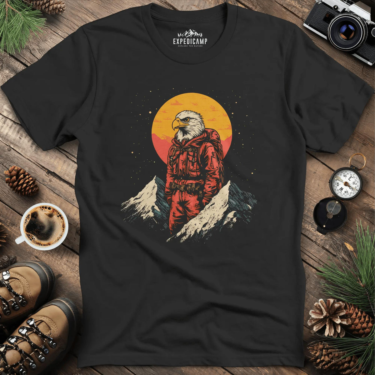 Eagle Hiker T-Shirt – Soar Through the Trails – Black – Outdoor apparel for travel, hiking, camping, and nature lovers – ExpediCamp