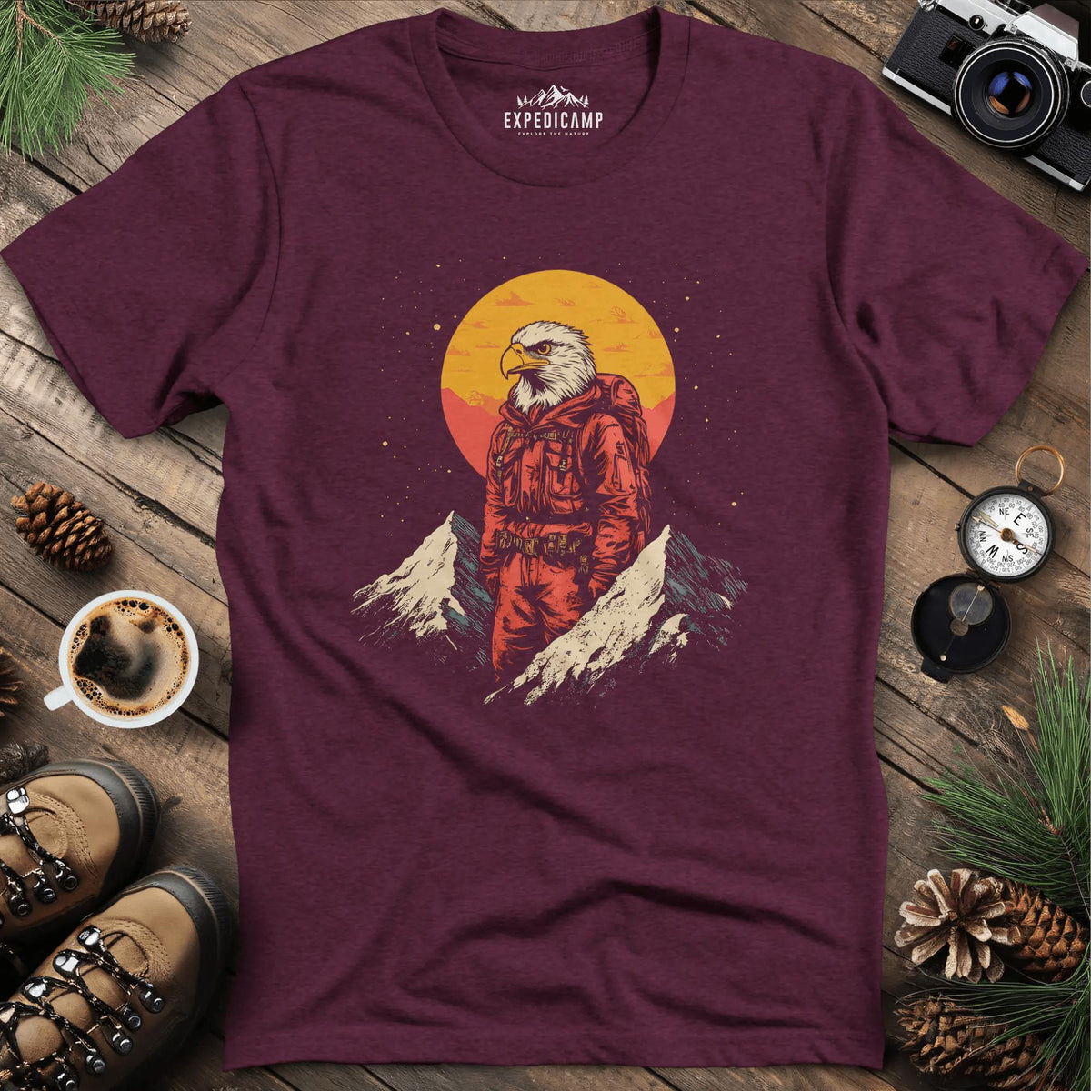 Eagle Hiker T-Shirt – Soar Through the Trails – Heather Maroon – Outdoor apparel for travel, hiking, camping, and nature lovers – ExpediCamp