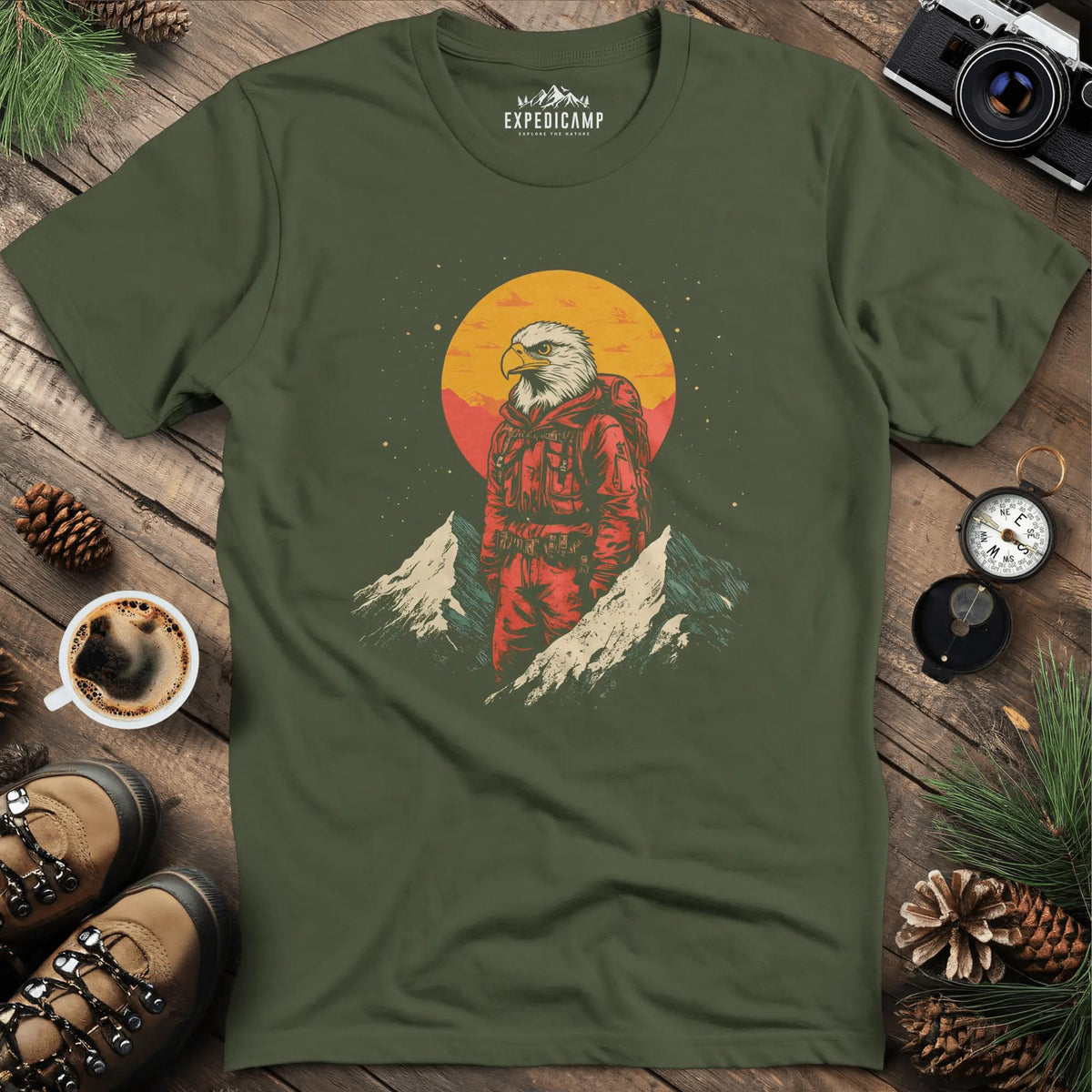 Eagle Hiker T-Shirt – Soar Through the Trails – Military Green – Outdoor apparel for travel, hiking, camping, and nature lovers – ExpediCamp