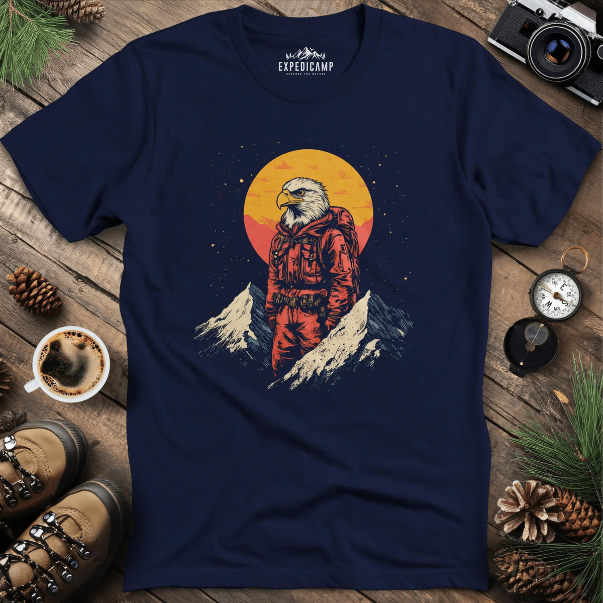 Eagle Hiker T-Shirt – Soar Through the Trails – Navy – Outdoor apparel for travel, hiking, camping, and nature lovers – ExpediCamp