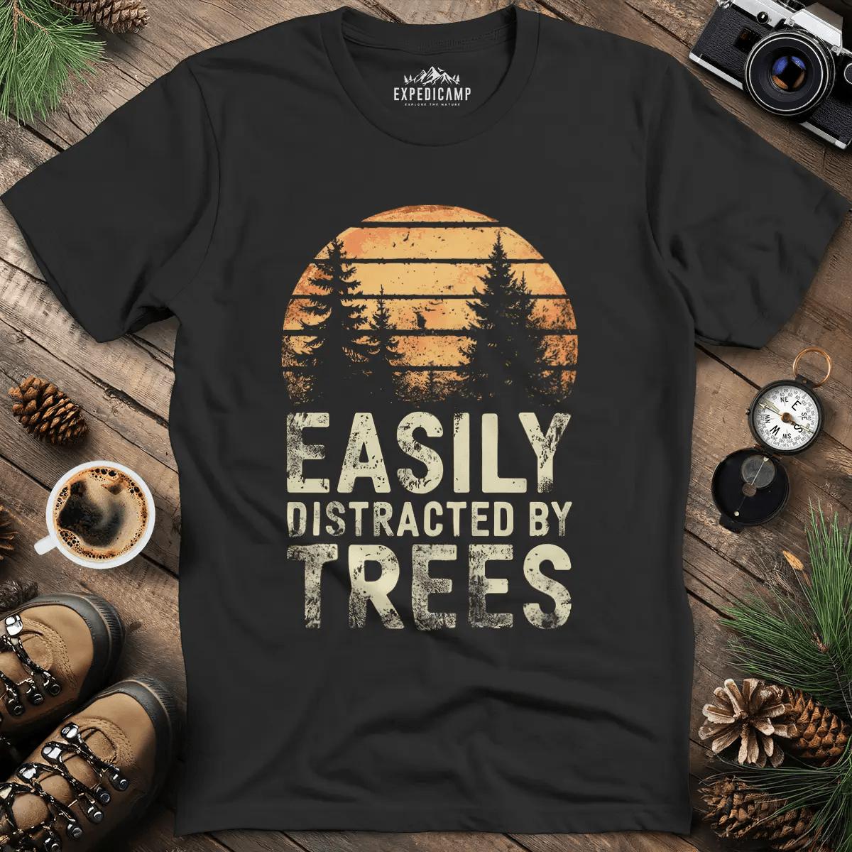 Easily Distracted by Trees T-Shirt – Black – Outdoor apparel for travel, hiking, camping, and nature lovers – ExpediCamp