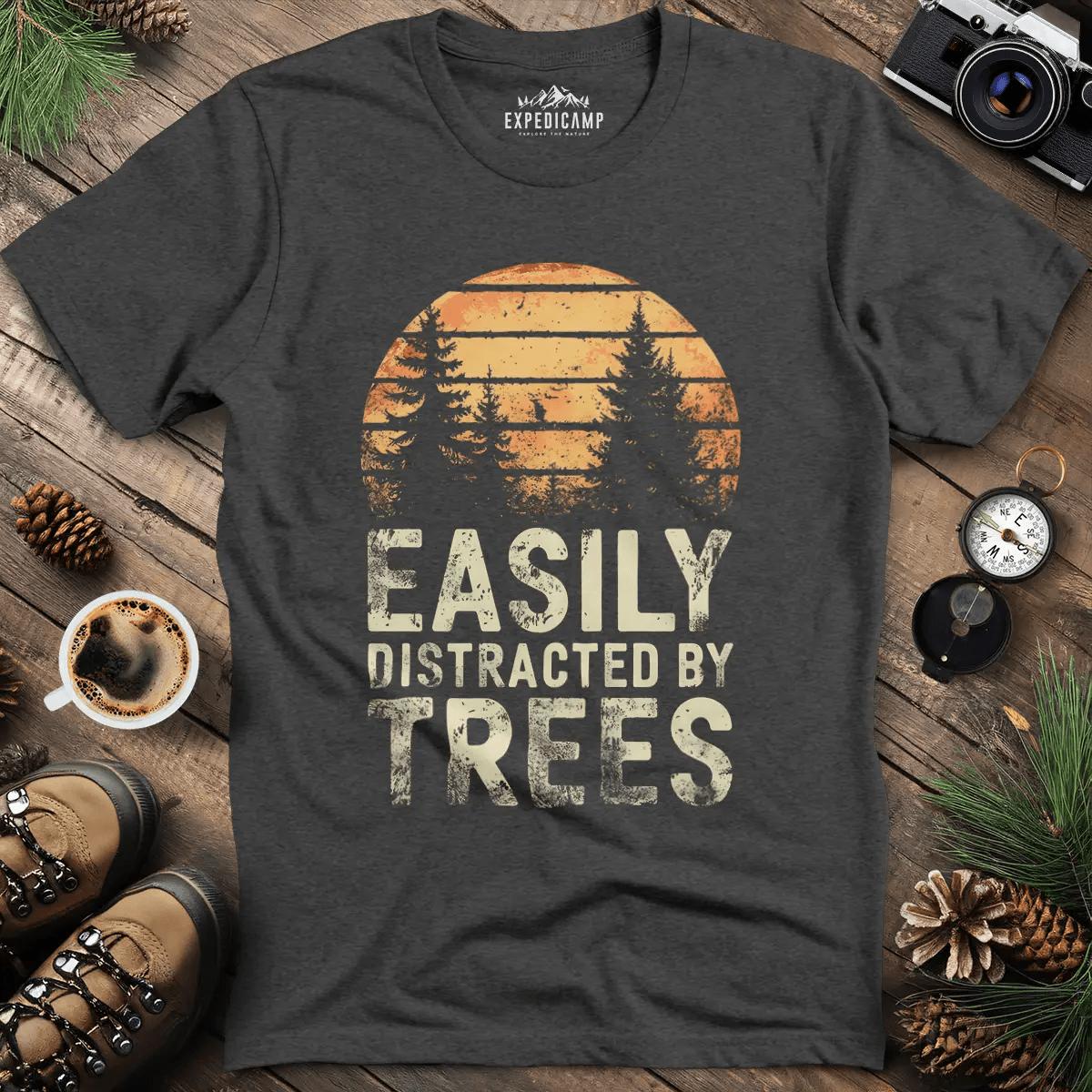 Easily Distracted by Trees T-Shirt – Dark Heather – Outdoor apparel for travel, hiking, camping, and nature lovers – ExpediCamp