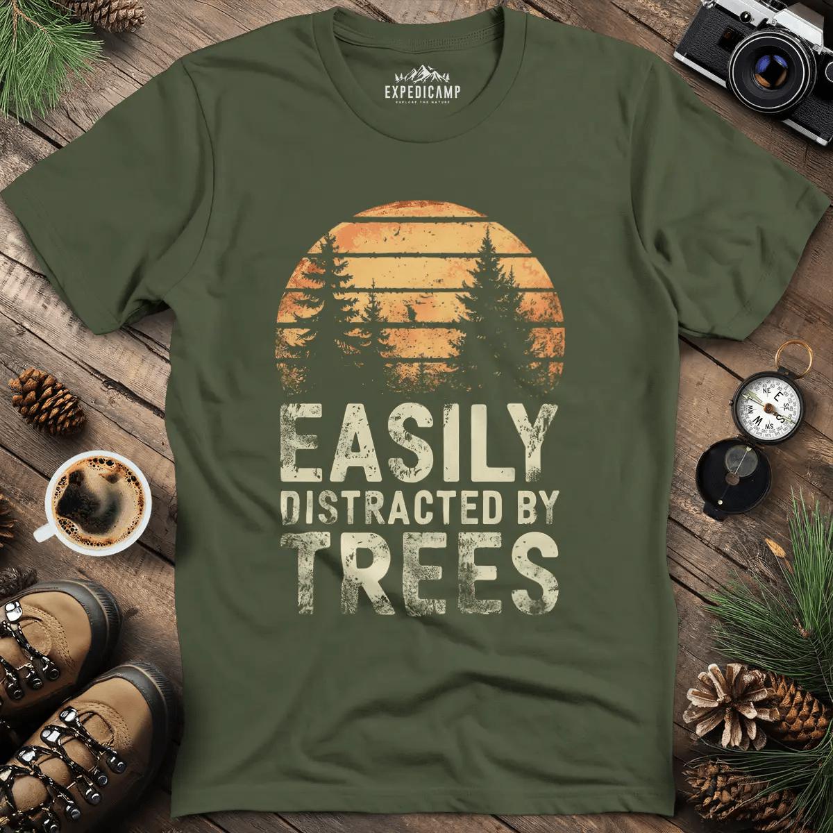 Easily Distracted by Trees T-Shirt – Military Green – Outdoor apparel for travel, hiking, camping, and nature lovers – ExpediCamp