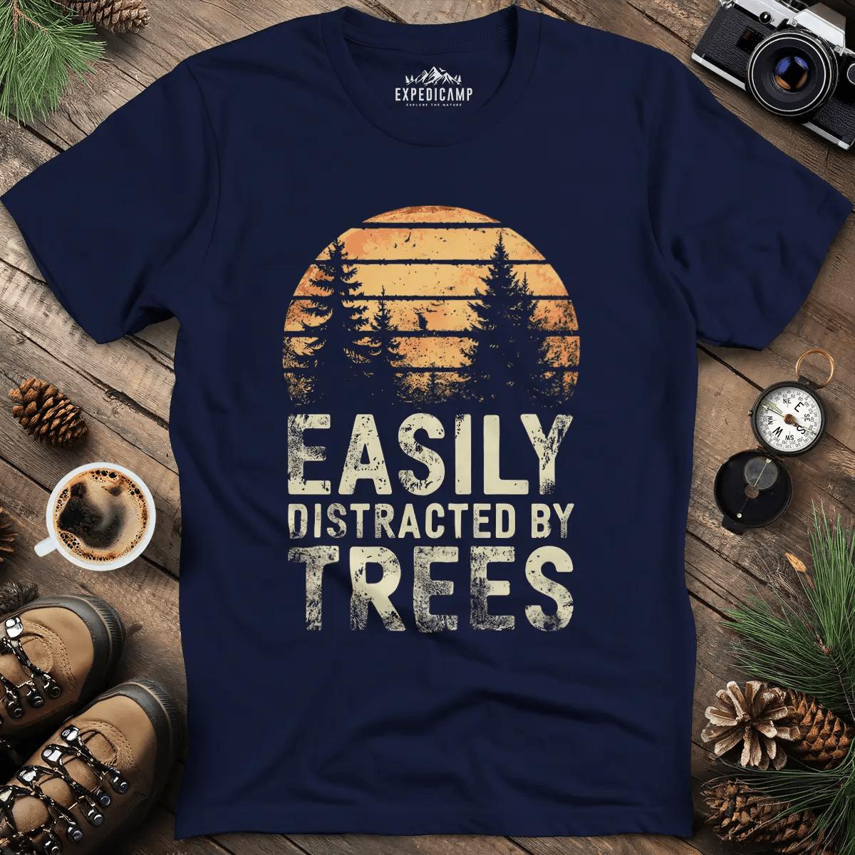 Easily Distracted by Trees T-Shirt – Navy – Outdoor apparel for travel, hiking, camping, and nature lovers – ExpediCamp