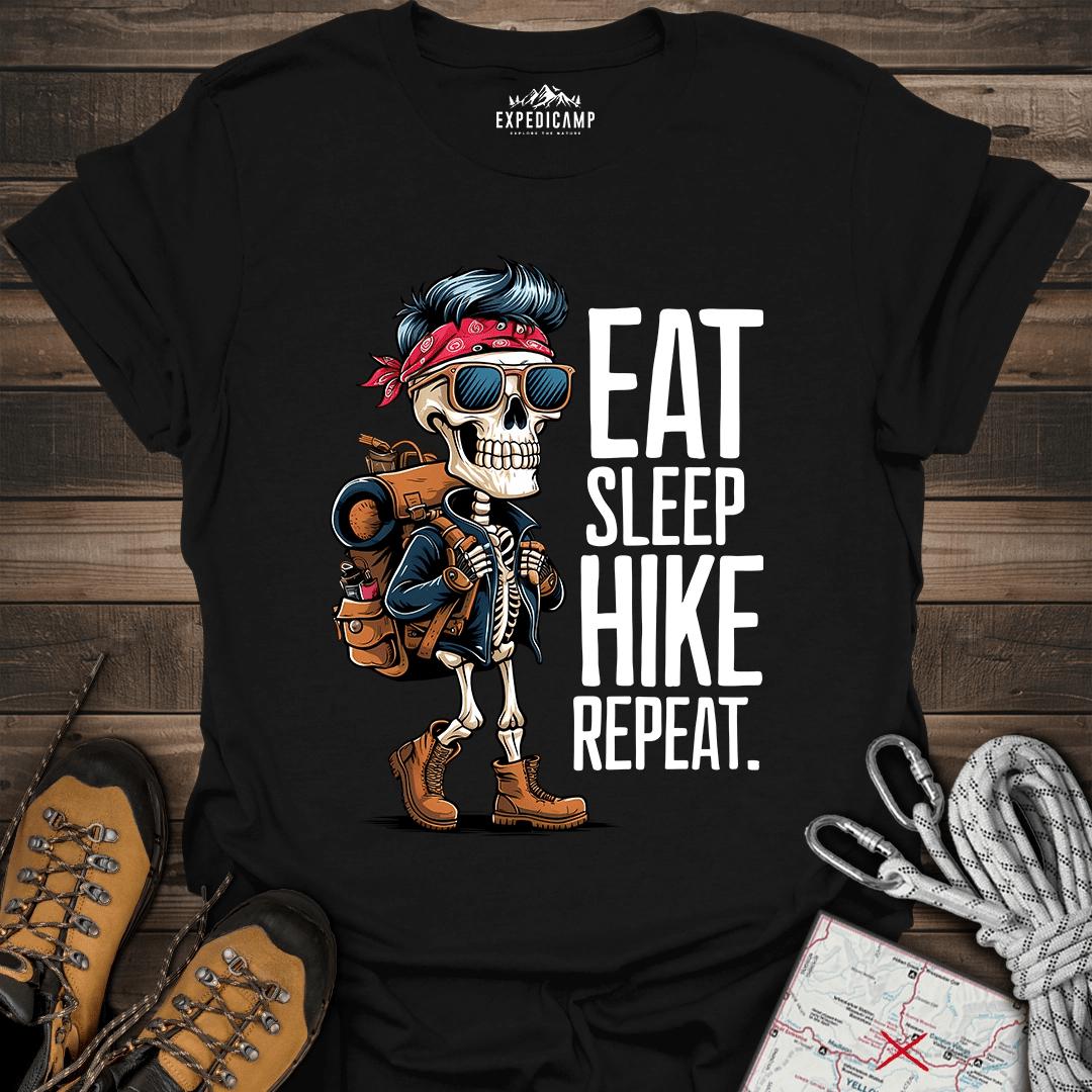 Eat Sleep Hike Repeat Skeleton T-Shirt – Black – Outdoor apparel for travel, hiking, camping, and nature lovers – ExpediCamp