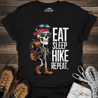 Eat Sleep Hike Repeat Skeleton T-Shirt – Black – Outdoor apparel for travel, hiking, camping, and nature lovers – ExpediCamp