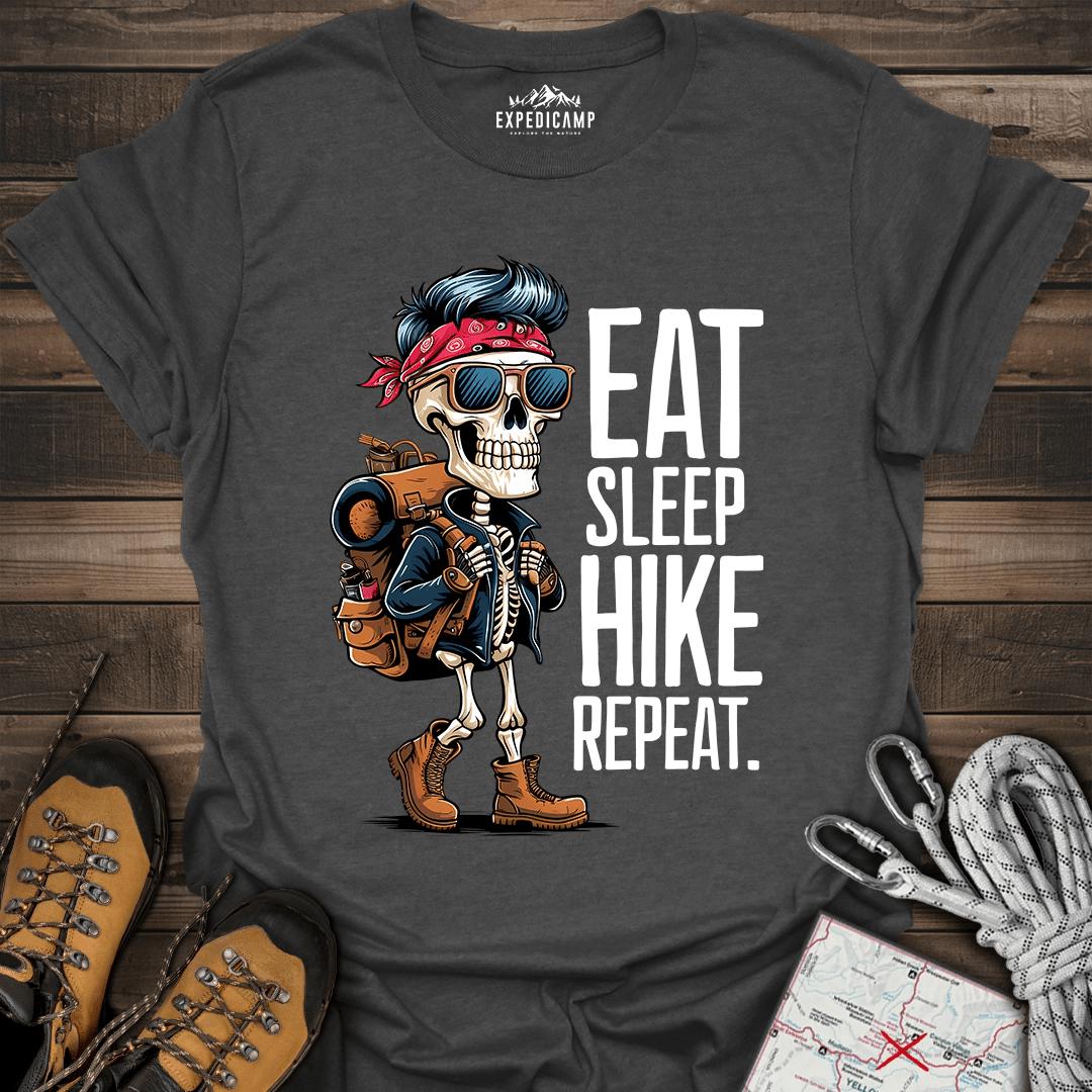 Eat Sleep Hike Repeat Skeleton T-Shirt – Dark Heather – Outdoor apparel for travel, hiking, camping, and nature lovers – ExpediCamp