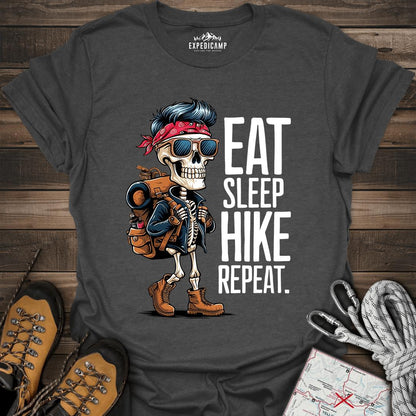Eat Sleep Hike Repeat Skeleton T-Shirt – Dark Heather – Outdoor apparel for travel, hiking, camping, and nature lovers – ExpediCamp