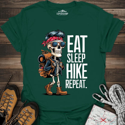 Eat Sleep Hike Repeat Skeleton T-Shirt – Forest Green – Outdoor apparel for travel, hiking, camping, and nature lovers – ExpediCamp
