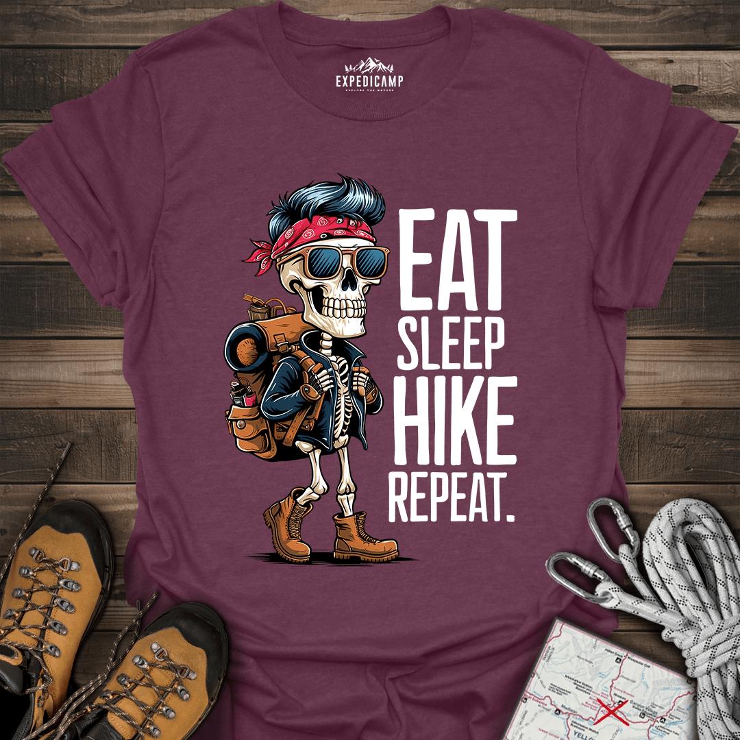 Eat Sleep Hike Repeat Skeleton T-Shirt – Heather Maroon – Outdoor apparel for travel, hiking, camping, and nature lovers – ExpediCamp