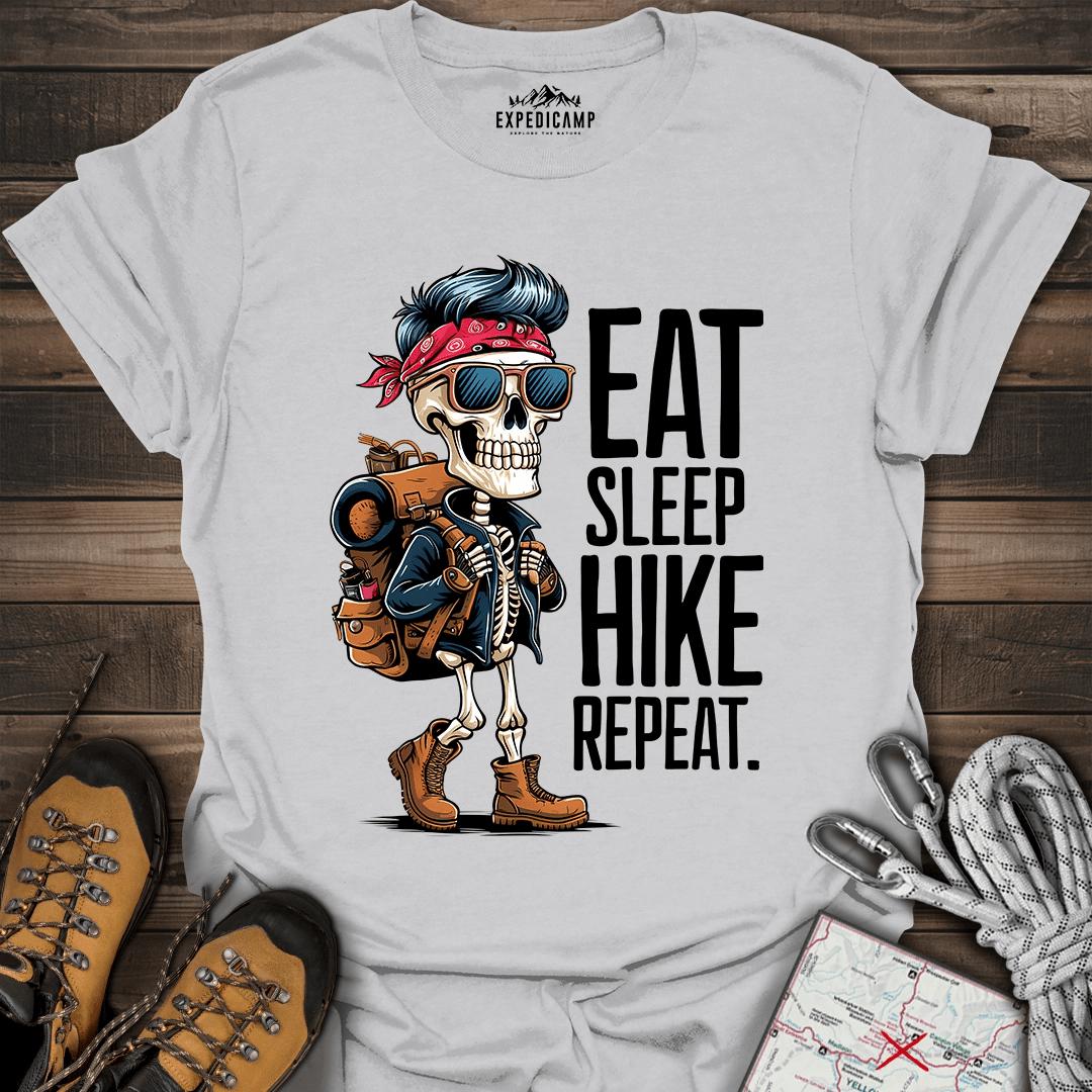 Eat Sleep Hike Repeat Skeleton T-Shirt – Ice Grey – Outdoor apparel for travel, hiking, camping, and nature lovers – ExpediCamp