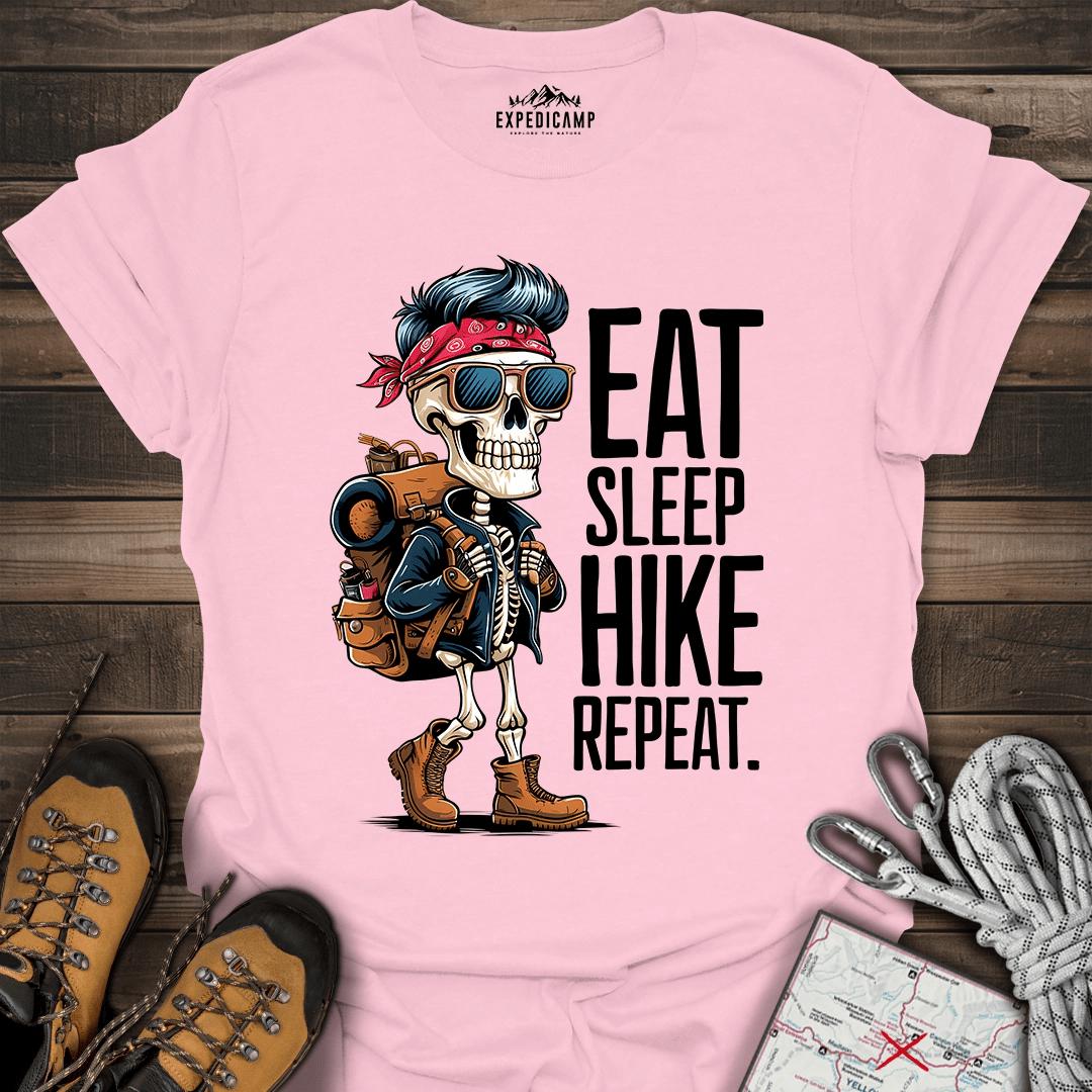 Eat Sleep Hike Repeat Skeleton T-Shirt – Light Pink – Outdoor apparel for travel, hiking, camping, and nature lovers – ExpediCamp