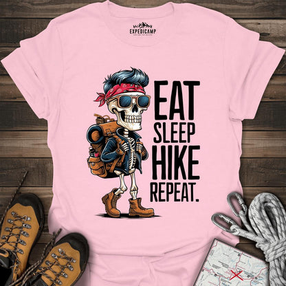 Eat Sleep Hike Repeat Skeleton T-Shirt – Light Pink – Outdoor apparel for travel, hiking, camping, and nature lovers – ExpediCamp