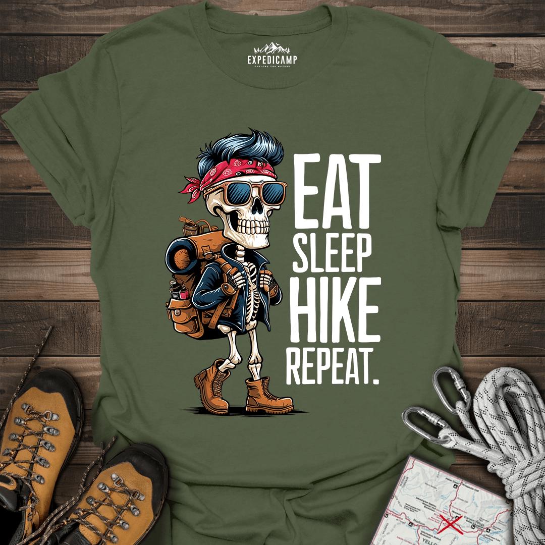 Eat Sleep Hike Repeat Skeleton T-Shirt – Military Green – Outdoor apparel for travel, hiking, camping, and nature lovers – ExpediCamp