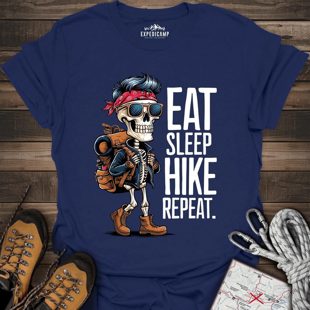 Eat Sleep Hike Repeat Skeleton T-Shirt – Navy – Outdoor apparel for travel, hiking, camping, and nature lovers – ExpediCamp