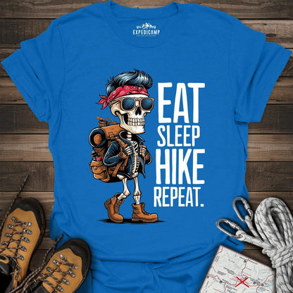 Eat Sleep Hike Repeat Skeleton T-Shirt – Royal – Outdoor apparel for travel, hiking, camping, and nature lovers – ExpediCamp