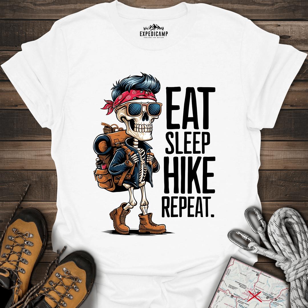 Eat Sleep Hike Repeat Skeleton T-Shirt – White – Outdoor apparel for travel, hiking, camping, and nature lovers – ExpediCamp