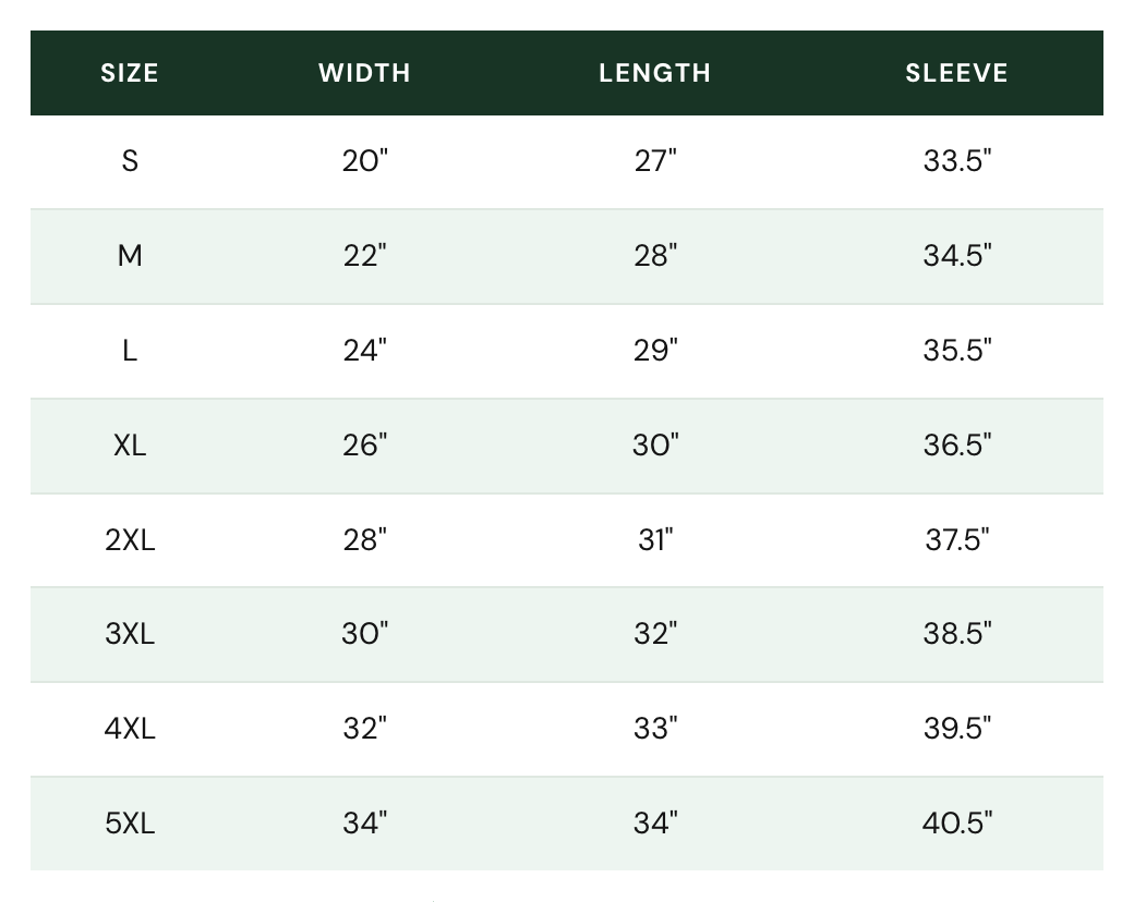 ExpediCamp sweatshirt size chart in inches