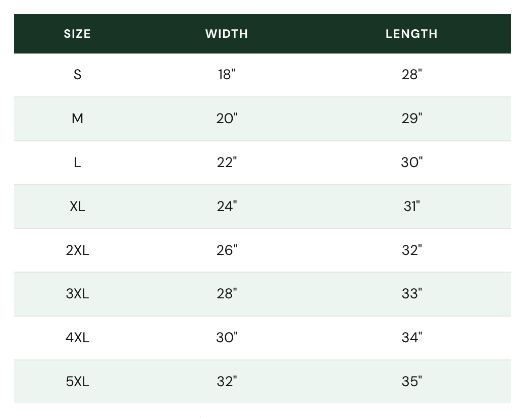 ExpediCamp T-shirt size chart in inches