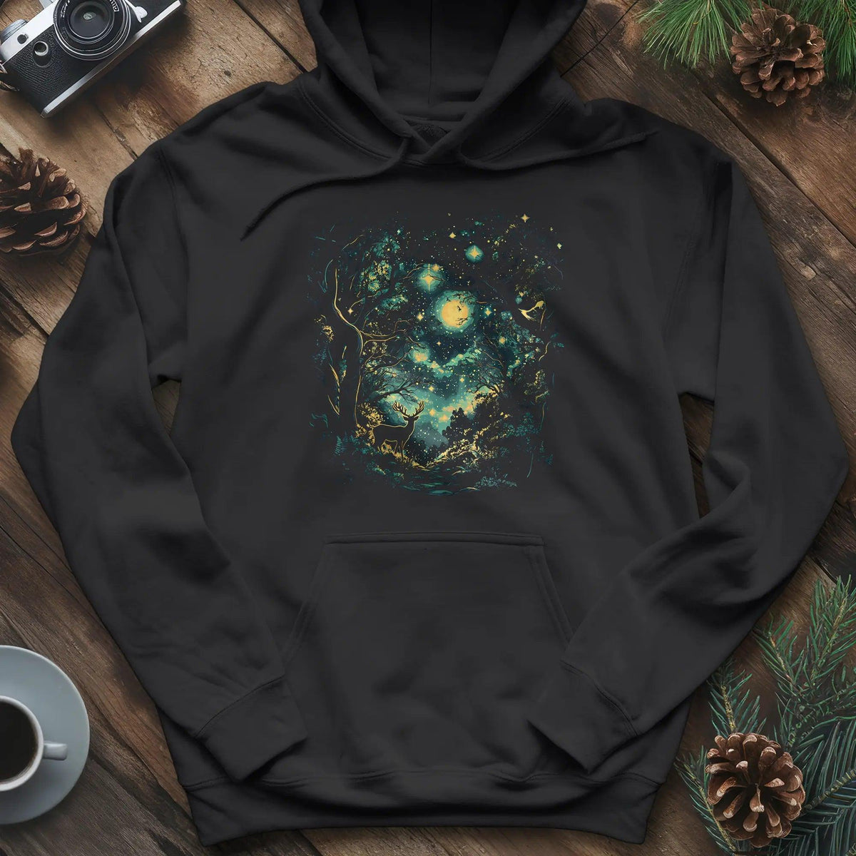 Enchanted Forest Deer Hoodie – Black – Outdoor apparel for travel, hiking, camping, and nature lovers – ExpediCamp