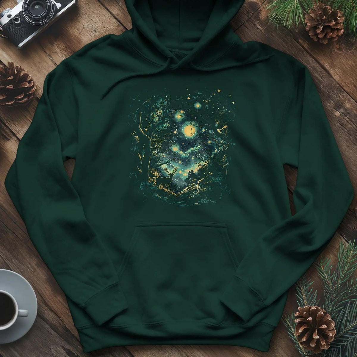 Enchanted Forest Deer Hoodie – Forest Green – Outdoor apparel for travel, hiking, camping, and nature lovers – ExpediCamp