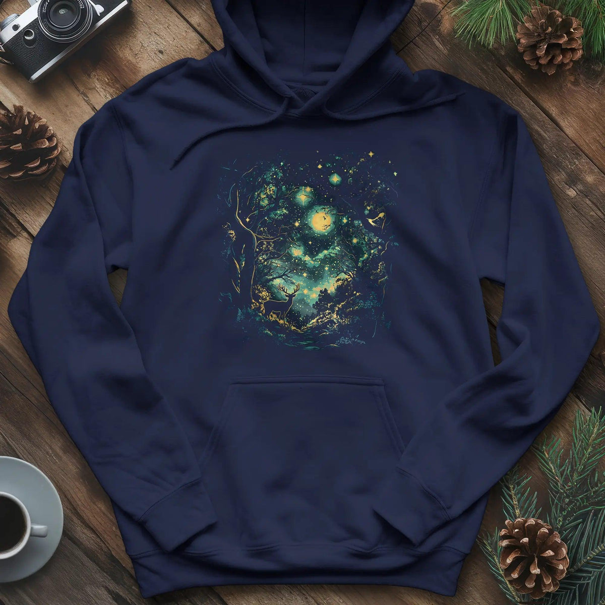 Enchanted Forest Deer Hoodie – Navy – Outdoor apparel for travel, hiking, camping, and nature lovers – ExpediCamp